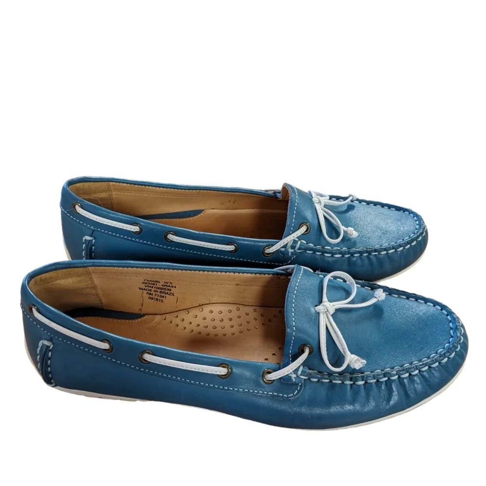 L.L. Bean Turquoise Teal Green Leather Slip On Boat Shoes Moccasins Size… - Picture 3 of 10